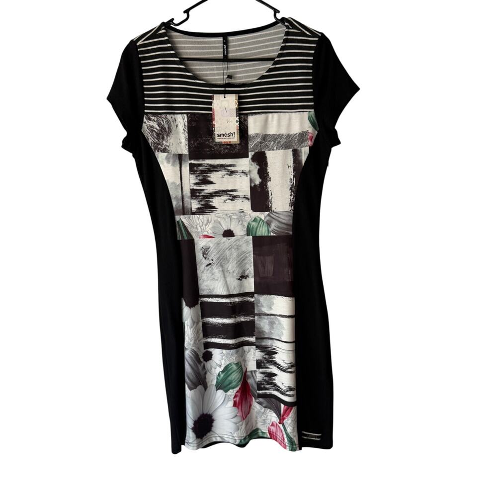 Smash! Graphic Patchwork‎ Print Dress NWT Size L Floral Stripe Colorblock Artsy